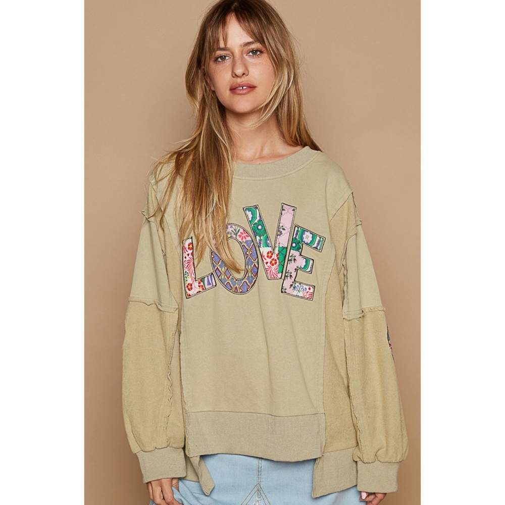 POL Olive Green LOVE Pullover | Heart Patch Boho Sweatshirt